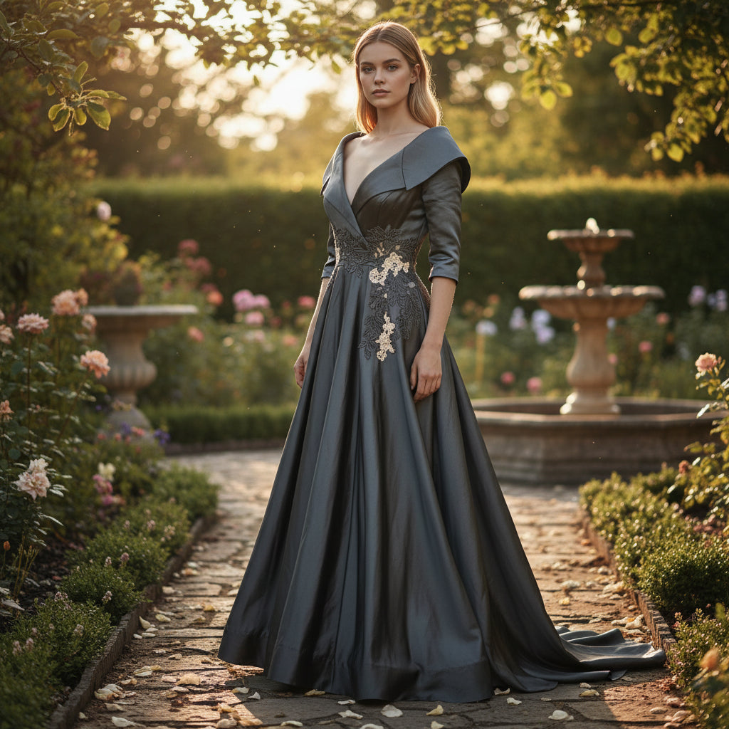 Elegant Black Satin Evening Gown with Dramatic Collar