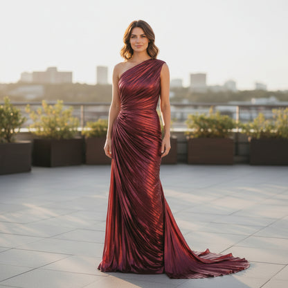Elegant Burgundy Pleated Maxi Dress for Formal Occasions