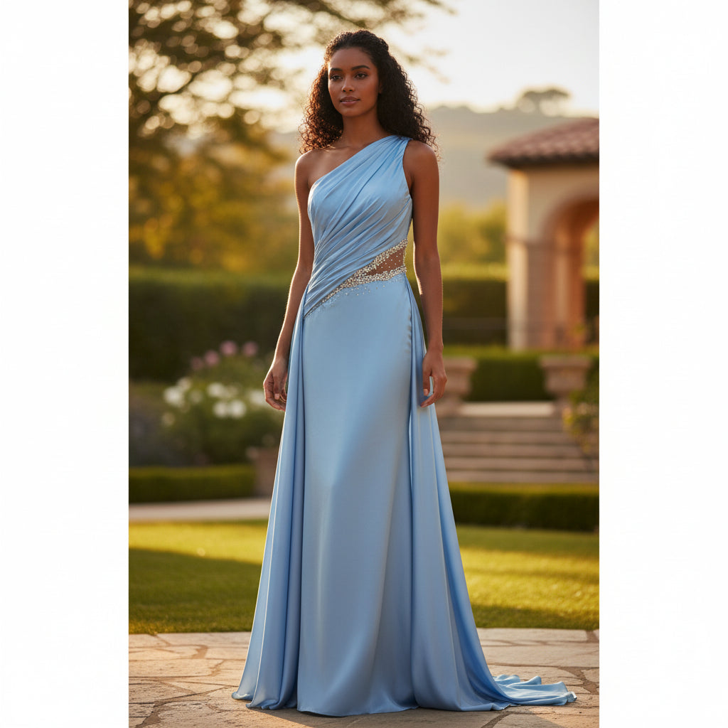 Dazzling Sky Blue Glam Satin Gown for Red Carpet Moments