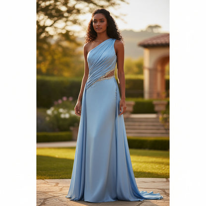 Dazzling Sky Blue Glam Satin Gown for Red Carpet Moments