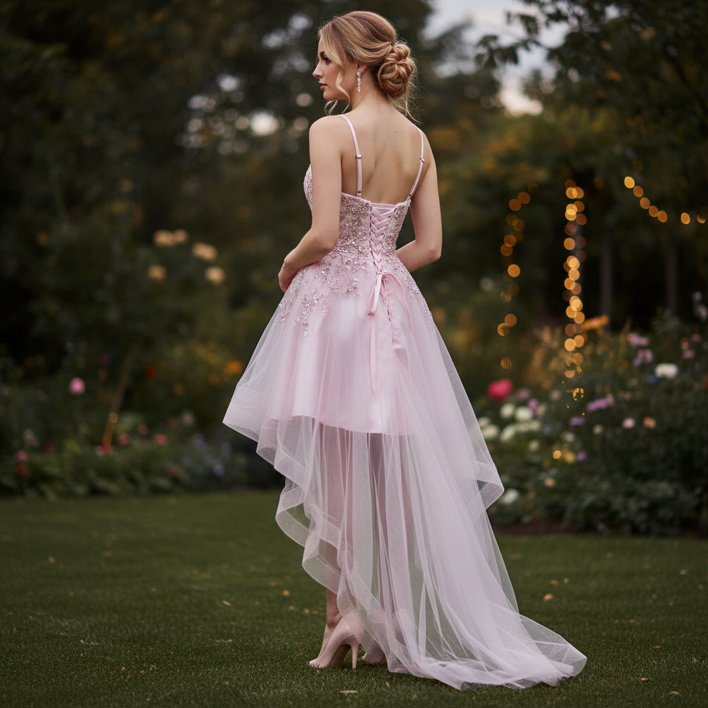 Dazzling Pink Glamour: High-Low Embroidered Evening Dress