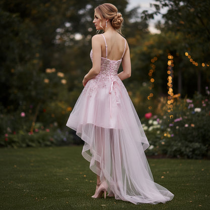 Dazzling Pink Glamour: High-Low Embroidered Evening Dress