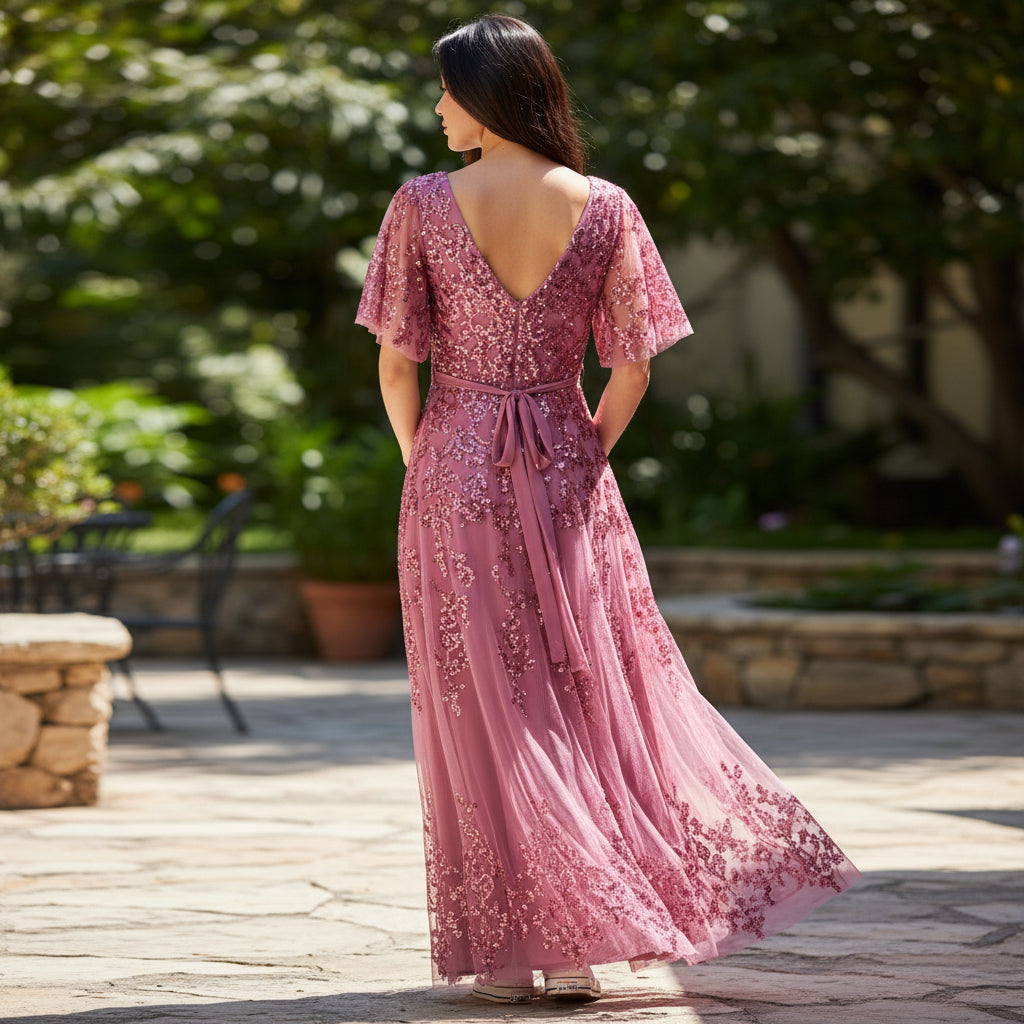 Elegant Floral Embroidered Evening Gown in Blush Pink for Special Occasions