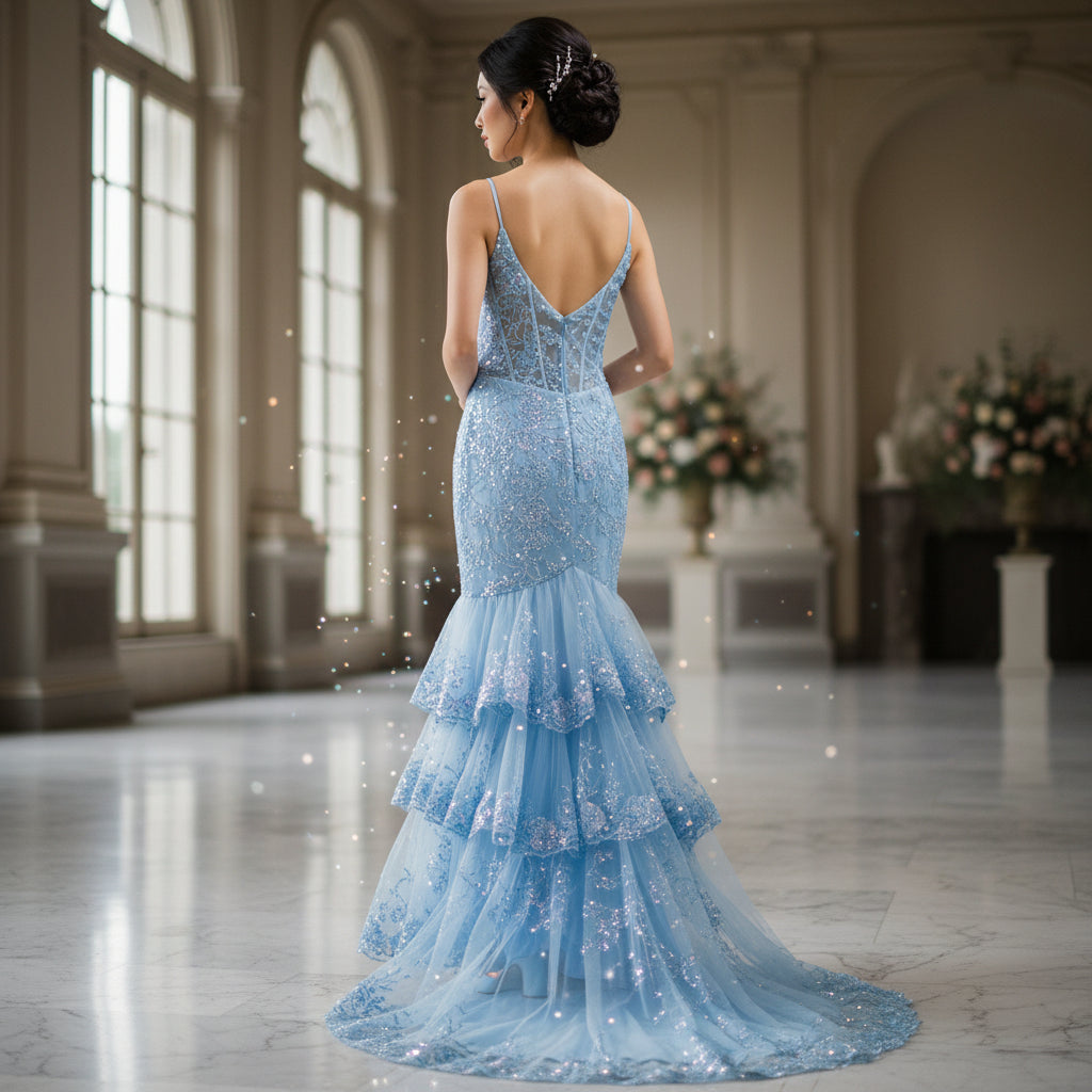 Dazzling Ice Blue Tiered Tulle Gown for Unforgettable Nights