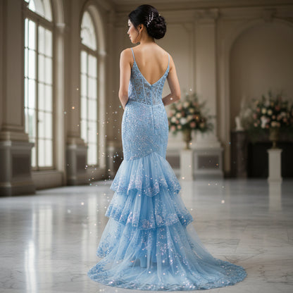 Dazzling Ice Blue Tiered Tulle Gown for Unforgettable Nights